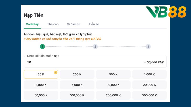 Nạp tiền VB88 2 Chuyển khoản code pay tiện lợi và bảo mật
