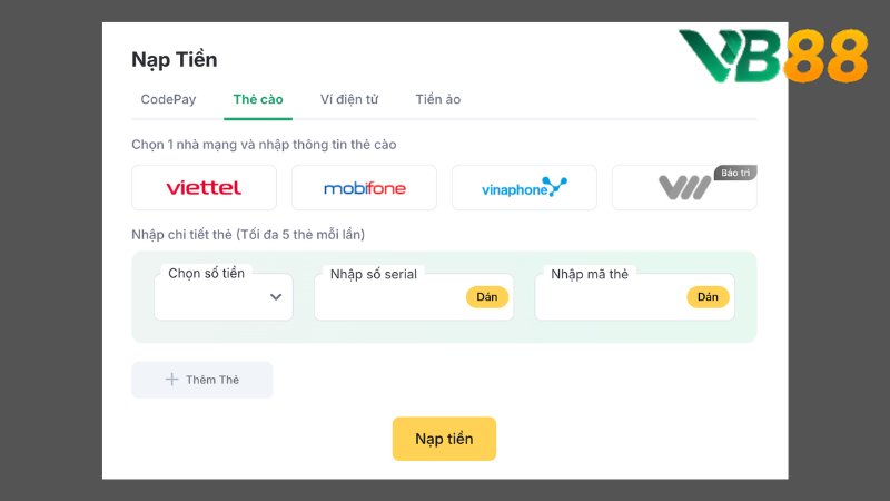 Nạp tiền VB88 3 Nạp qua thẻ cào điện thoại được nhiều người chơi lựa chọn