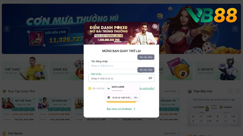 Đăng nhập VB88 2 Nhập thông tin và bấm xác nhận truy cập tài khoản